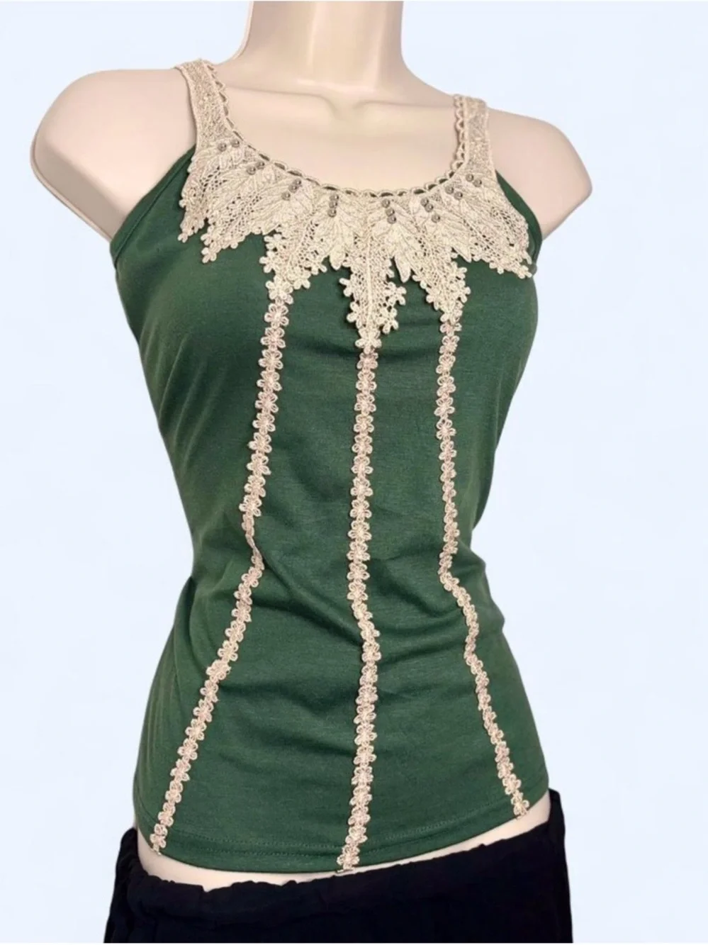 Fairycore Green Tank Top with Cream Crochet Trim - Picture 3 of 6